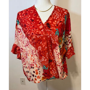 Laurel Grey Red & Beige Floral Blouse wrap, ruffle sleeve, high low. Lightweight